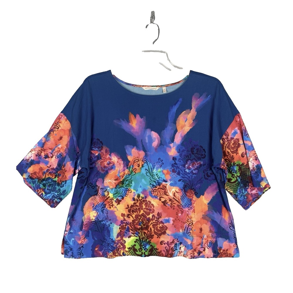 Soft Surroundings Blouse PL Blue Ultraviolet Floral Anniah Top Boho Artsy 3/4 - Picture 1 of 11